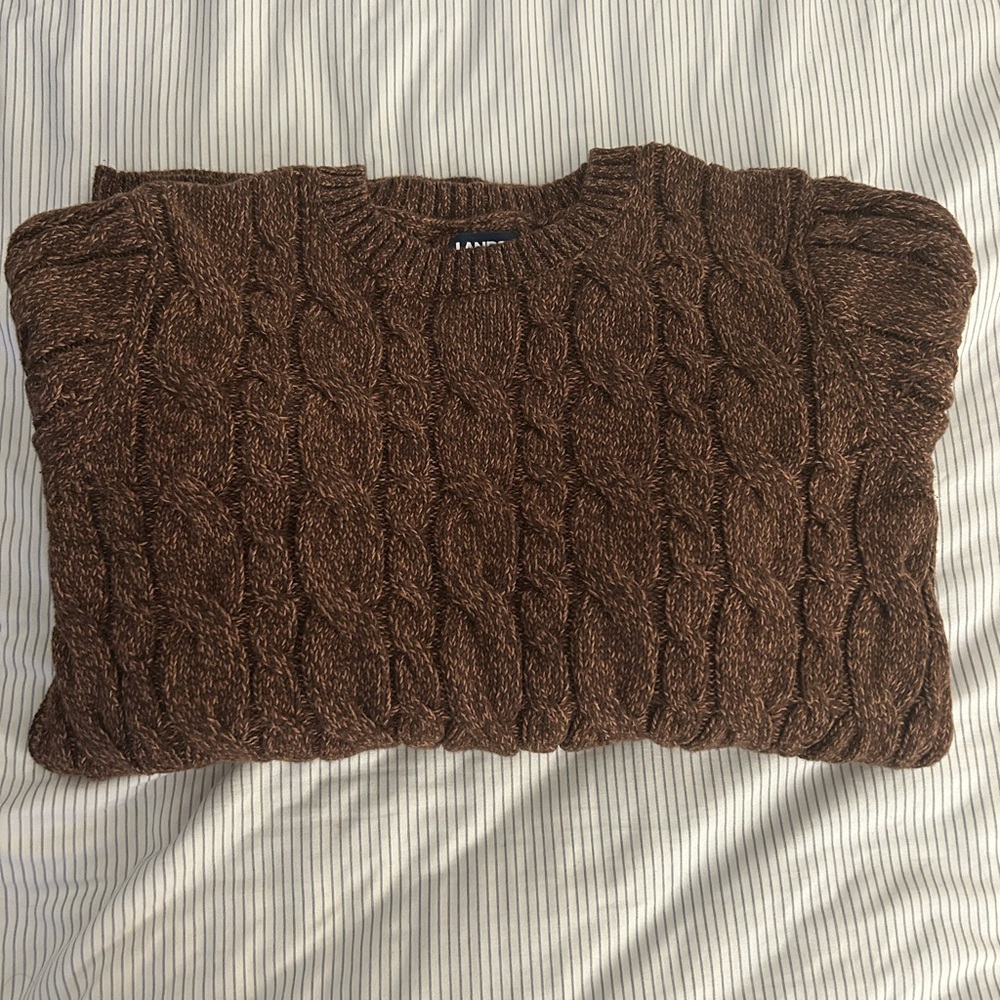 Lands' End Brown Cable Knit Crewneck Sweater